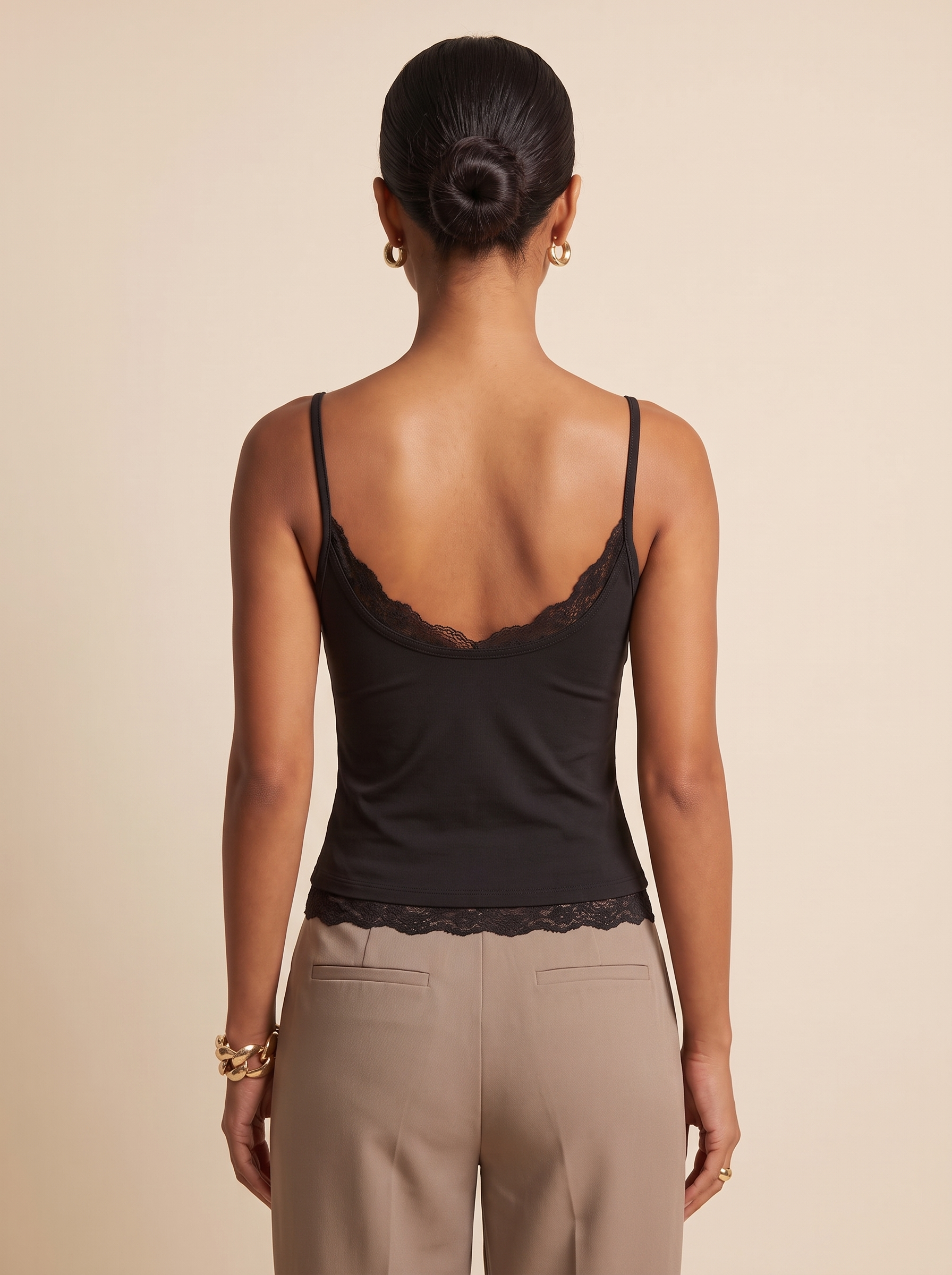 Lace Trim Crop Cami with U Neck and Open Back — full-length studio back view on a warm ivory seamless background