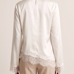 Lace Trim Long Sleeve Top with Round Neck — full-length studio back view on a warm ivory seamless background