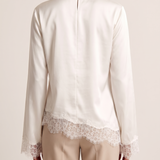 Lace Trim Long Sleeve Top with Round Neck — full-length studio back view on a warm ivory seamless background
