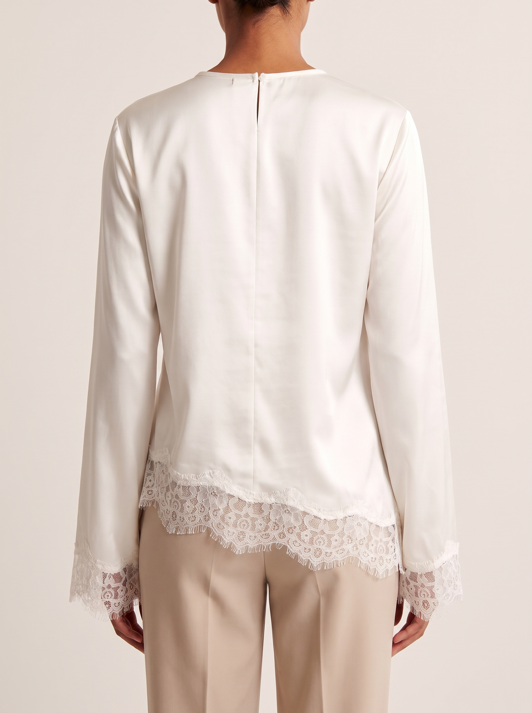 Lace Trim Long Sleeve Top with Round Neck — full-length studio back view on a warm ivory seamless background