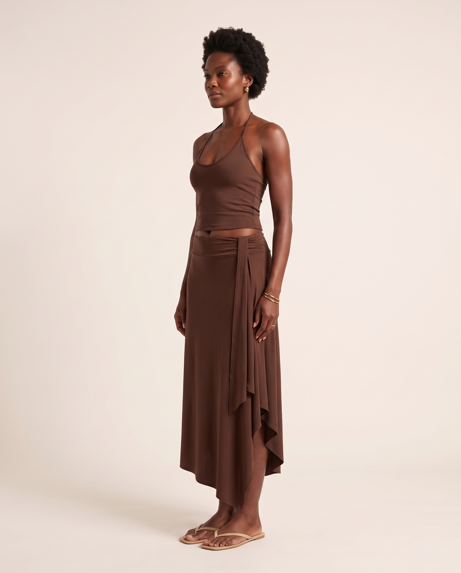 Lace Up Halter Crop Top and Ruched Maxi Skirt Set – three-quarter view
