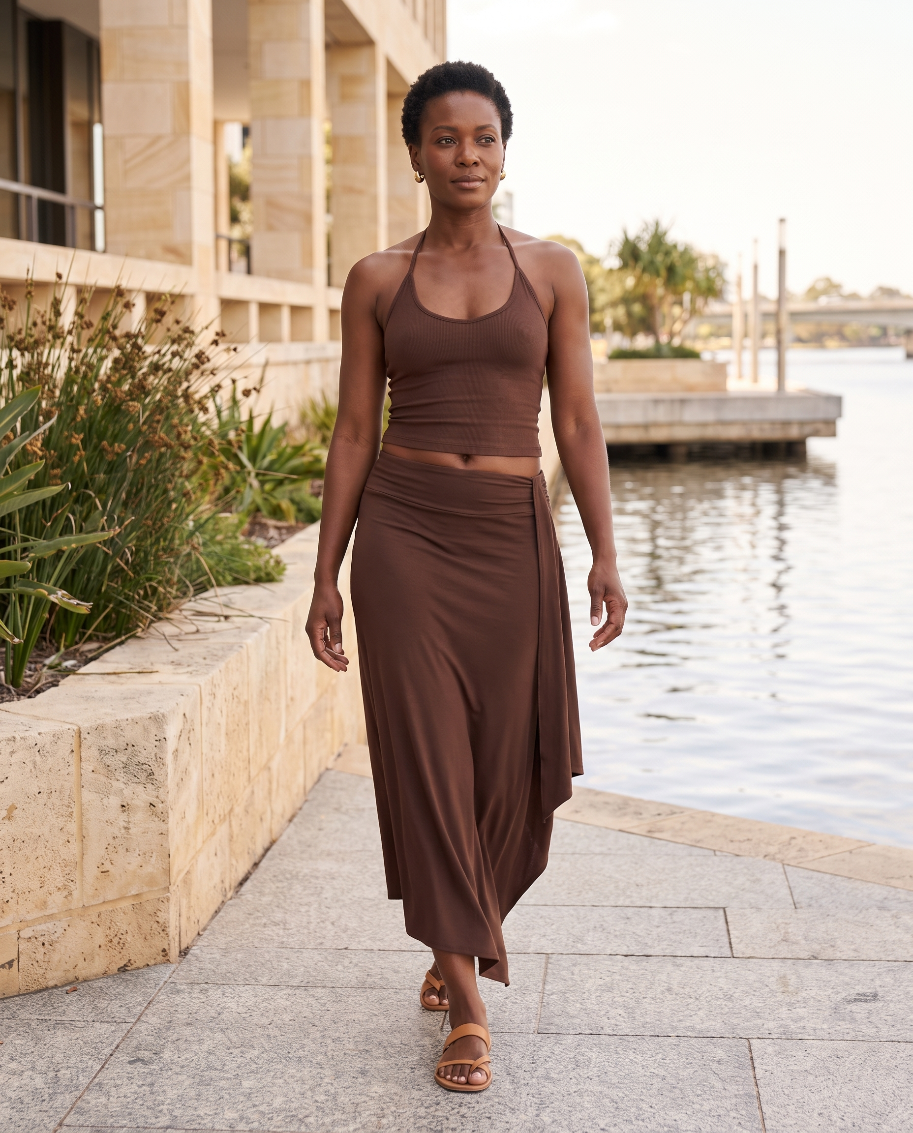 Lace Up Halter Crop Top and Ruched Maxi Skirt Set – Australian coastal lifestyle