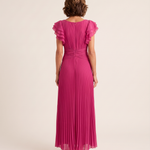Lara | Pleated Flutter-Sleeve Maxi Wedding Guest Gowns — Pink — back view