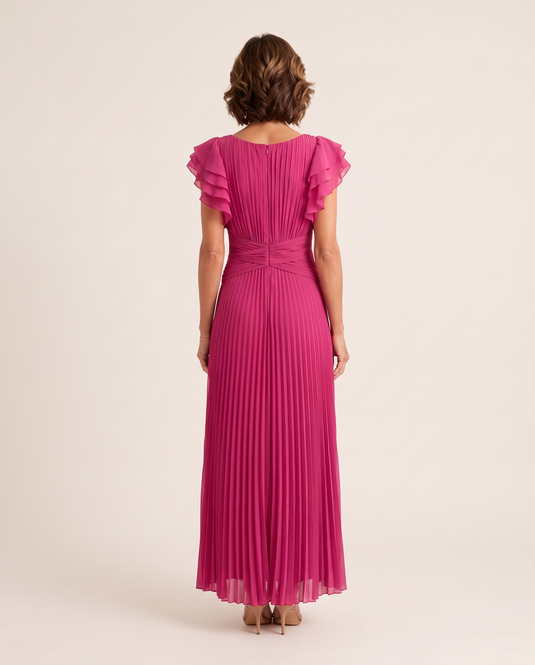 Lara | Pleated Flutter-Sleeve Maxi Wedding Guest Gowns — Pink — back view