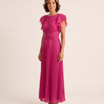 Lara | Pleated Flutter-Sleeve Maxi Wedding Guest Gowns — Pink — studio three-quarter