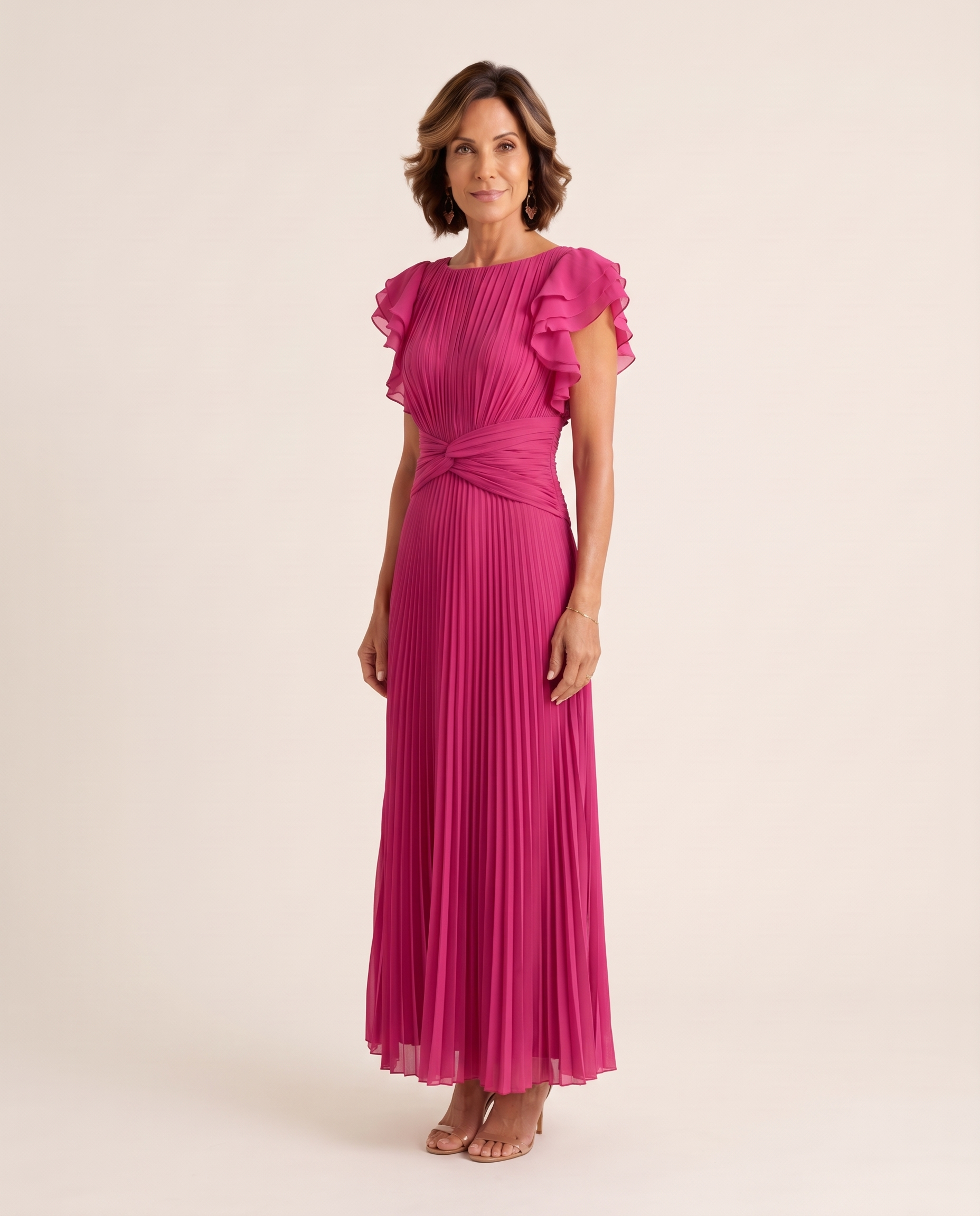 Lara | Pleated Flutter-Sleeve Maxi Wedding Guest Gowns — Pink — studio three-quarter