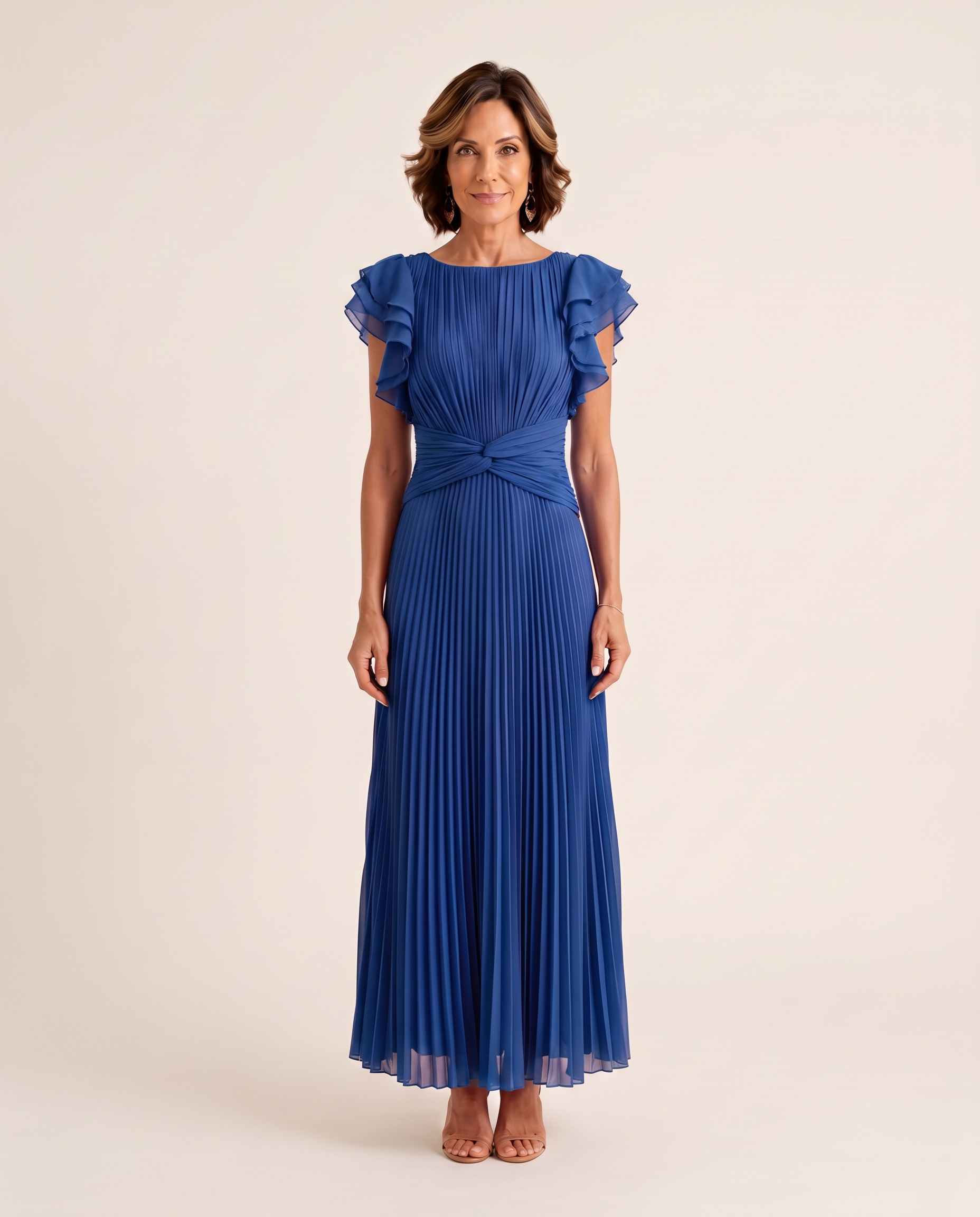 Lara | Pleated Flutter-Sleeve Maxi Wedding Guest Gowns — Blue — studio front
