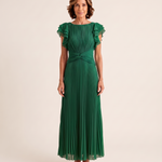 Lara | Pleated Flutter-Sleeve Maxi Wedding Guest Gowns — Green — studio front