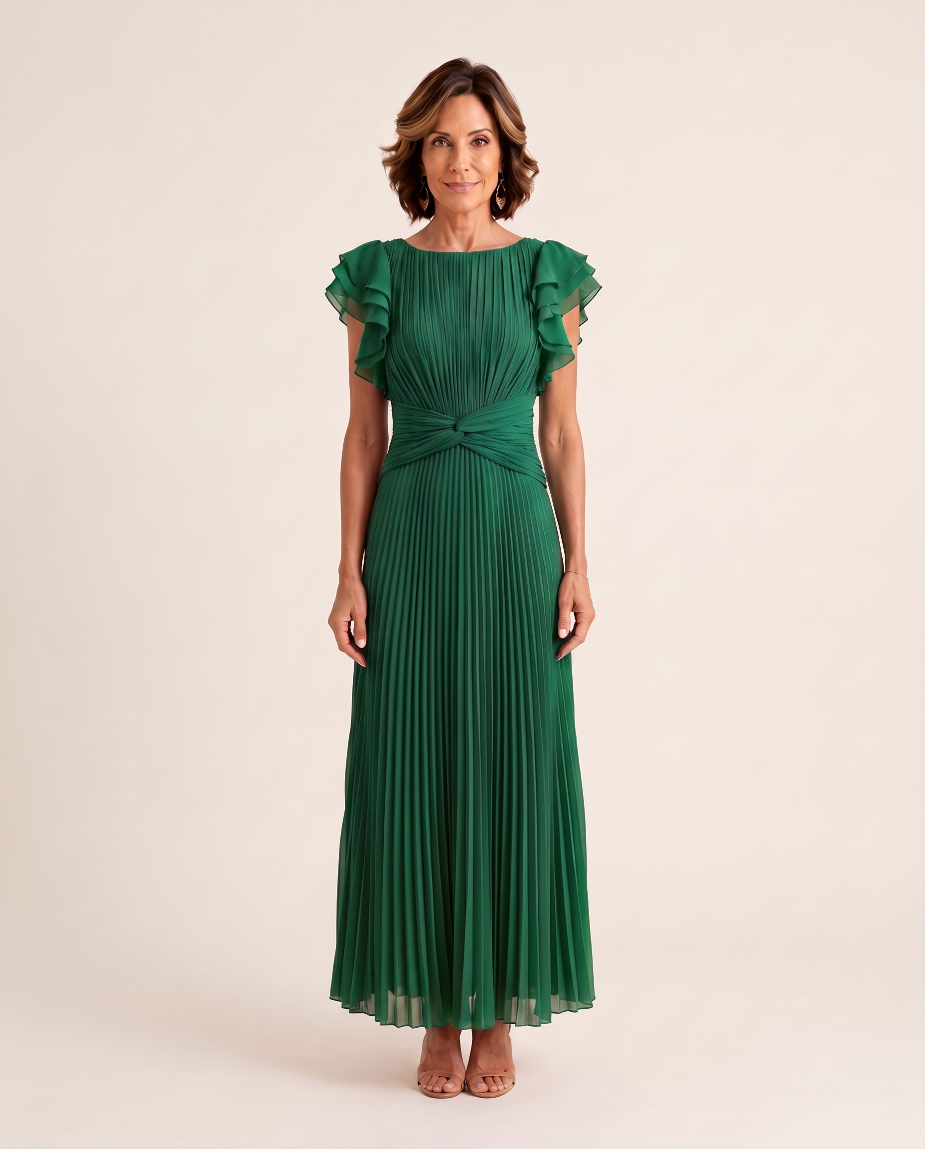 Lara | Pleated Flutter-Sleeve Maxi Wedding Guest Gowns — Green — studio front