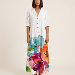 Leaf Print Maxi Shirt Dress – Elegant Boho Ease — White — studio front