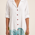 Leaf Print Maxi Shirt Dress – Elegant Boho Ease — White — fabric detail
