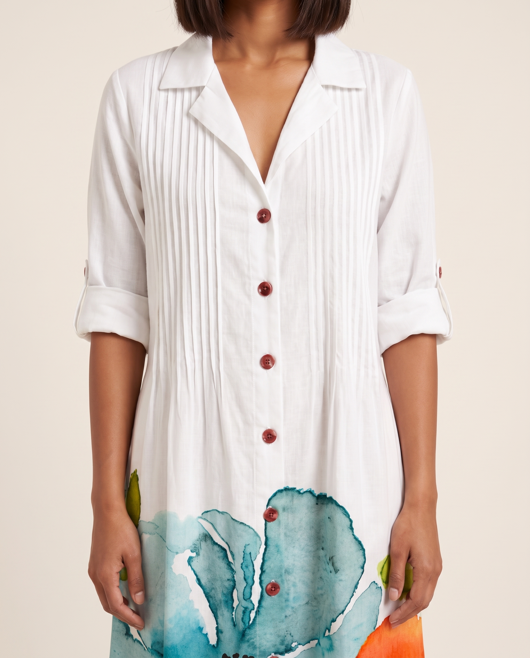 Leaf Print Maxi Shirt Dress – Elegant Boho Ease — White — fabric detail
