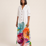 Leaf Print Maxi Shirt Dress – Elegant Boho Ease — White — studio three-quarter