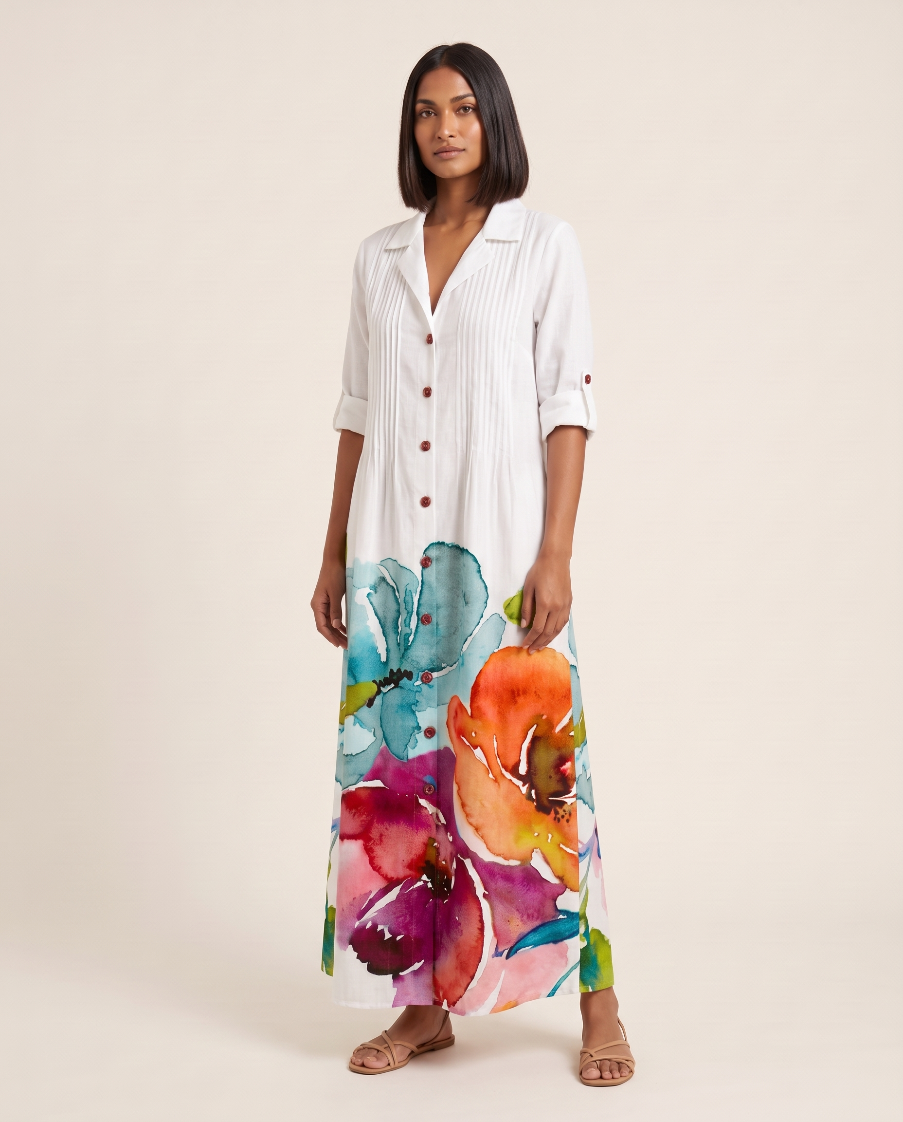 Leaf Print Maxi Shirt Dress – Elegant Boho Ease — White — studio three-quarter