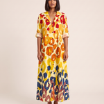 Leaf Print Maxi Shirt Dress – Elegant Boho Ease — Yellow — studio front