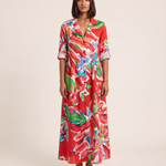 Leaf Print Maxi Shirt Dress – Elegant Boho Ease — Red — studio front