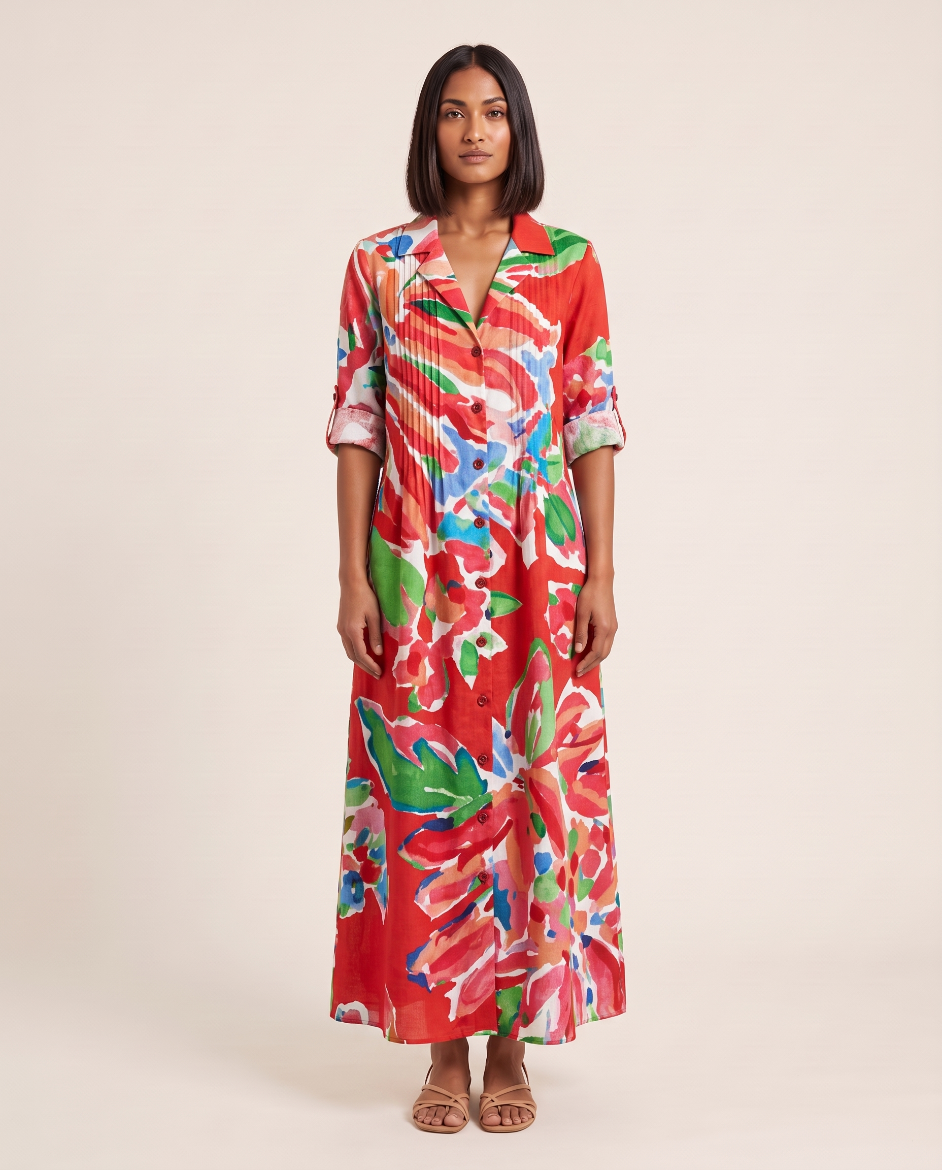 Leaf Print Maxi Shirt Dress – Elegant Boho Ease — Red — studio front