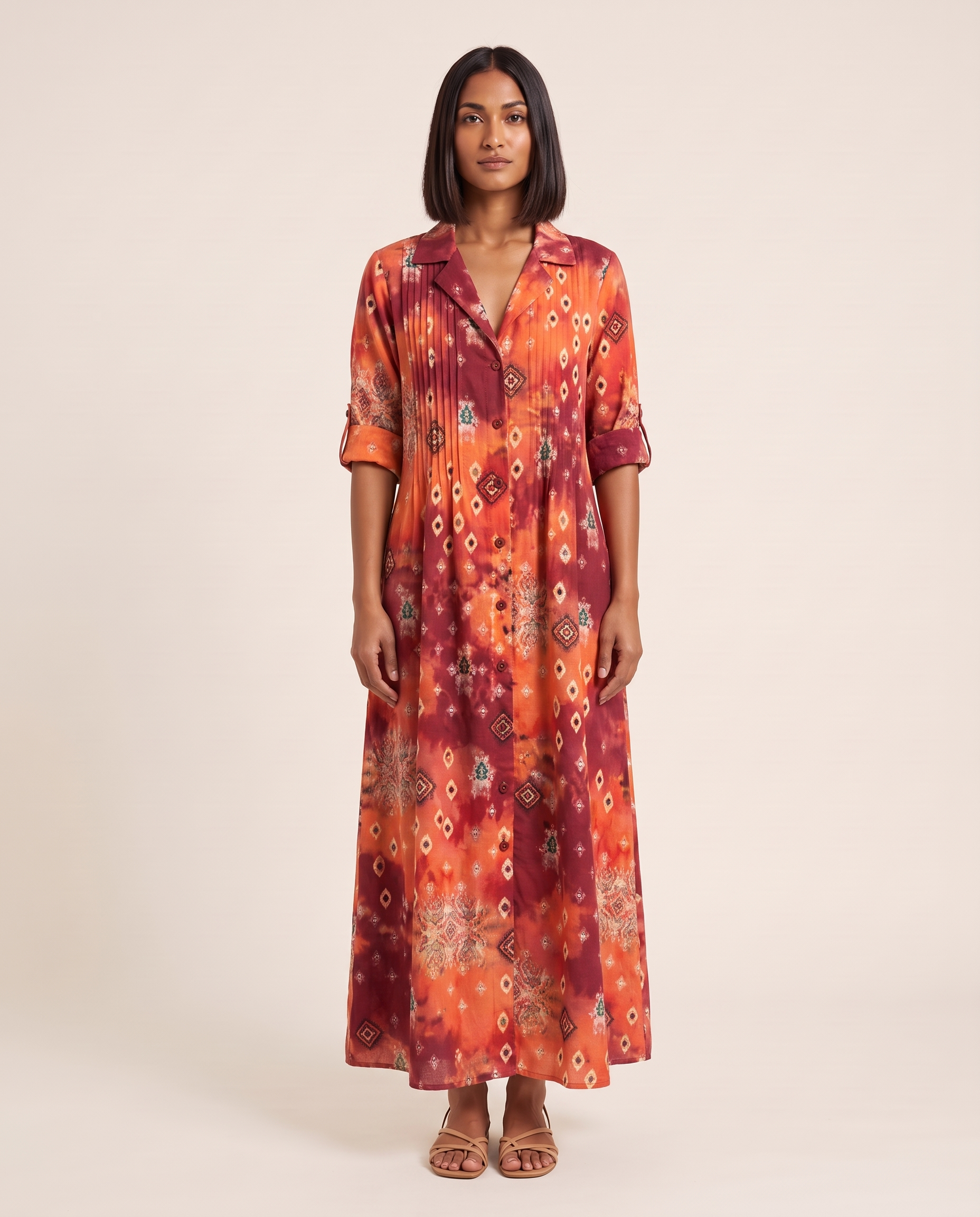 Leaf Print Maxi Shirt Dress – Elegant Boho Ease — Wine — studio front