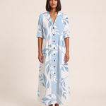 Leaf Print Maxi Shirt Dress – Elegant Boho Ease — Sky Blue — studio front