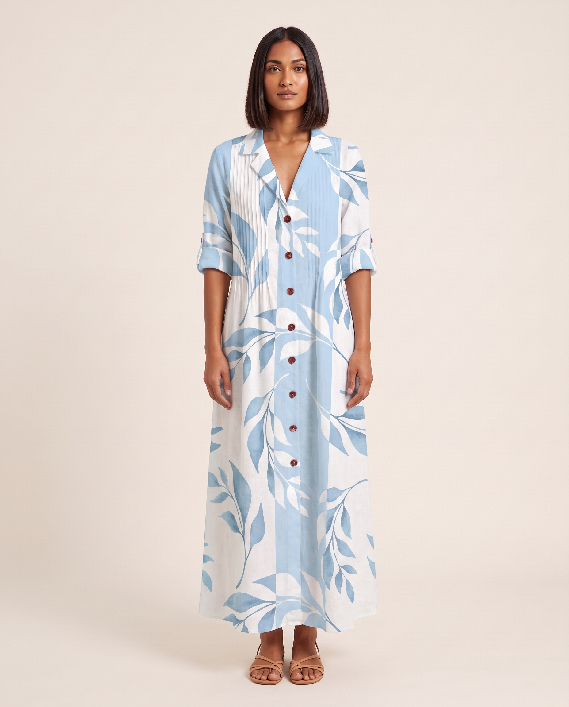 Leaf Print Maxi Shirt Dress – Elegant Boho Ease — Sky Blue — studio front