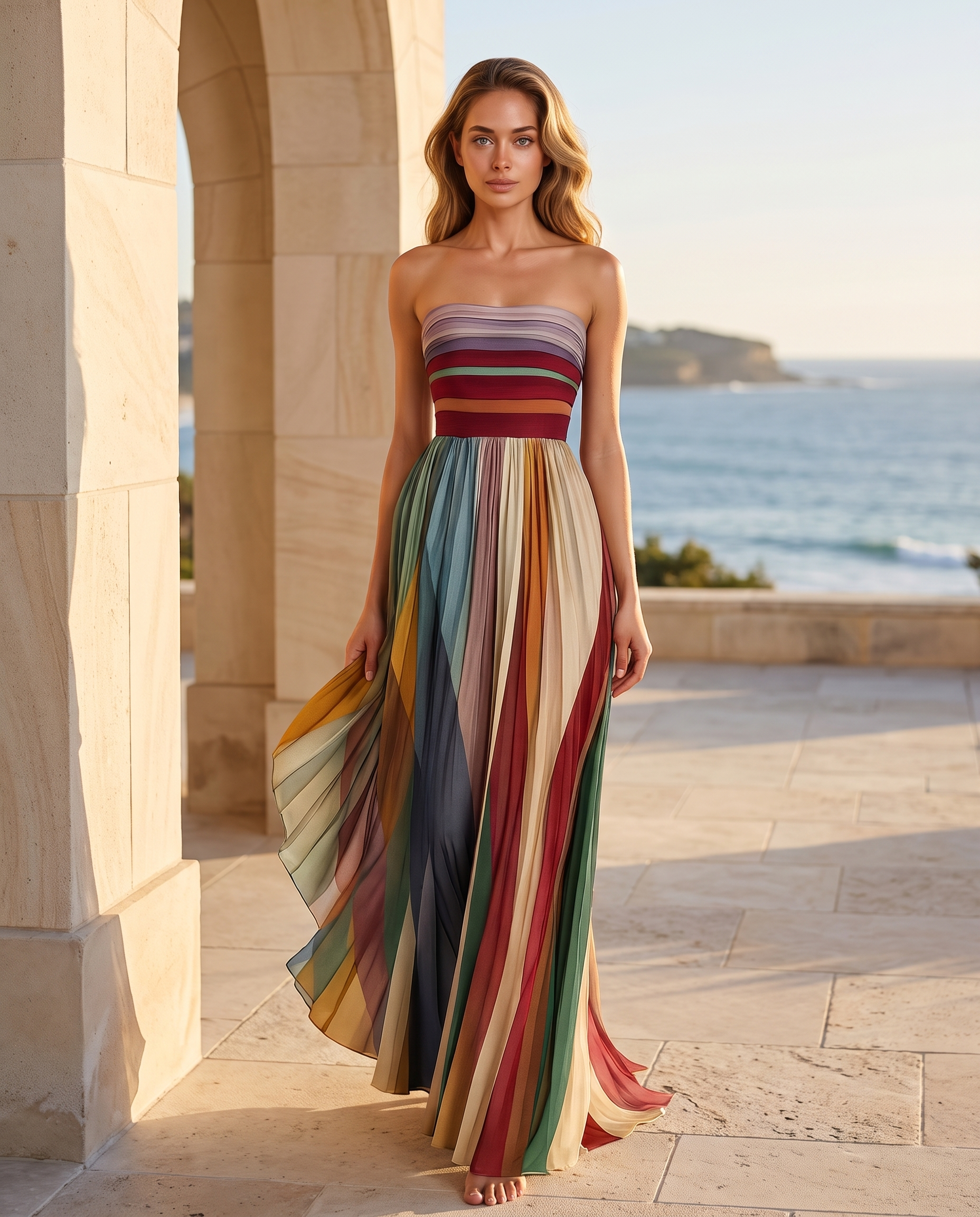 Leontine pleated strapless maxi dress Australian coastal lifestyle