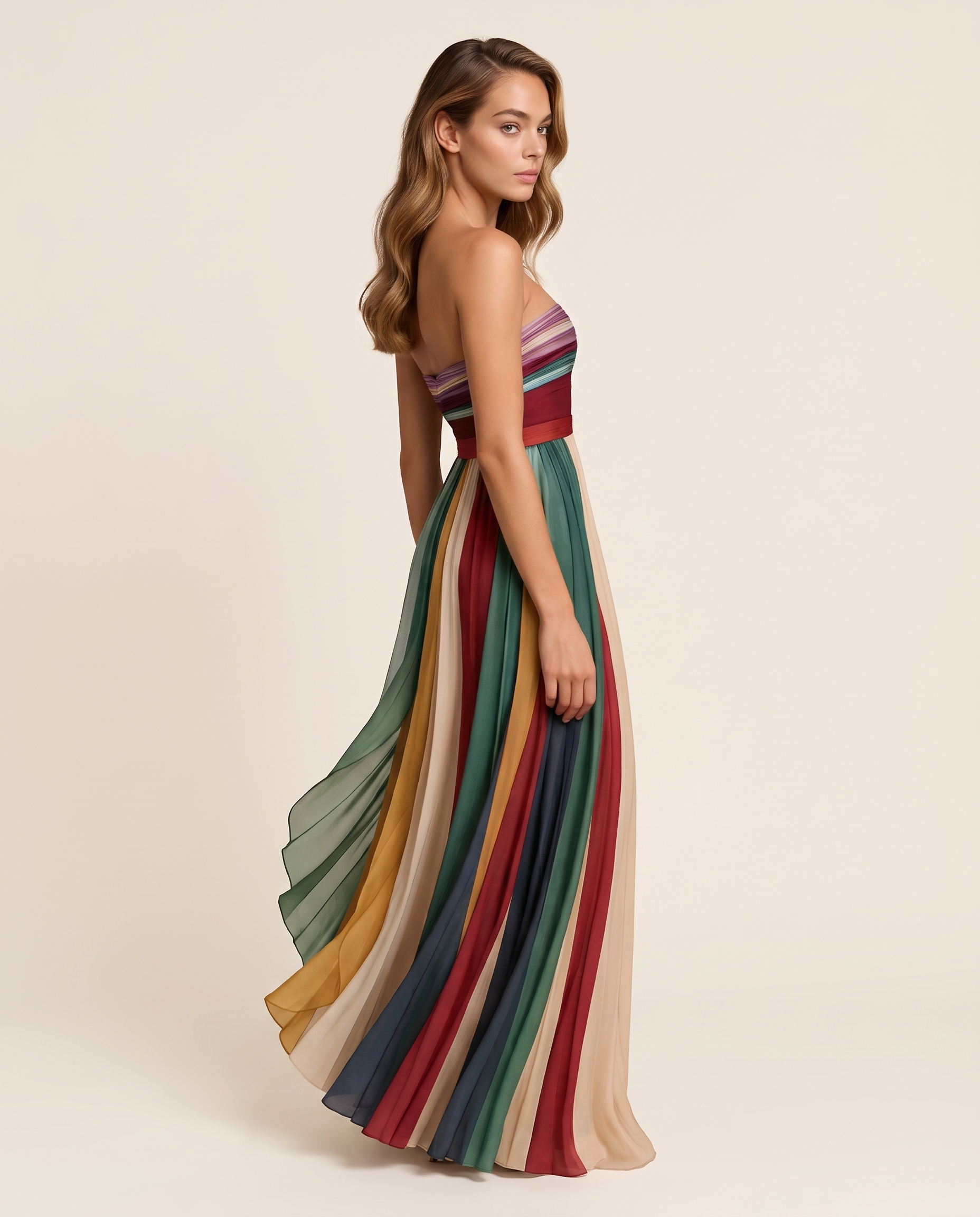 Leontine pleated strapless maxi dress three-quarter