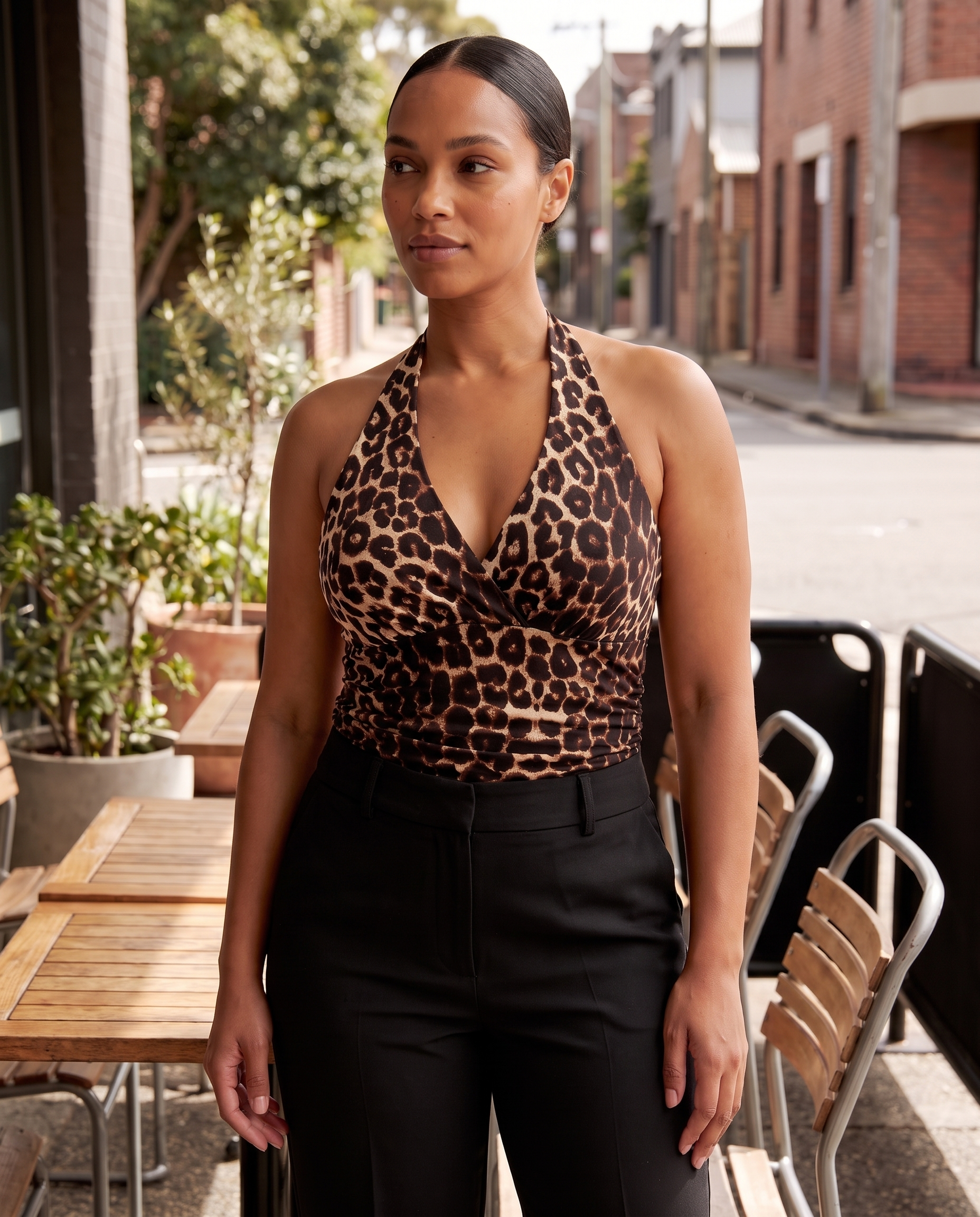 Leopard Print Halter Crop Top – Australian lifestyle view