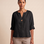 Linen Blouse with V Neck and Three Quarter Sleeves – Black – variant