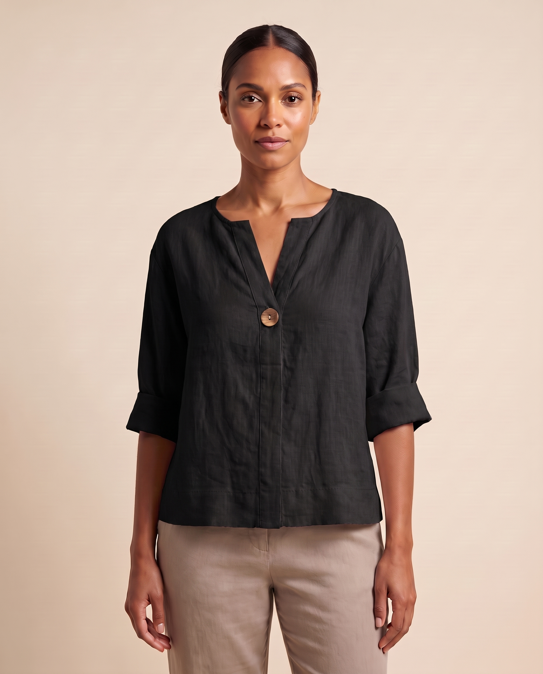 Linen Blouse with V Neck and Three Quarter Sleeves – Black – variant