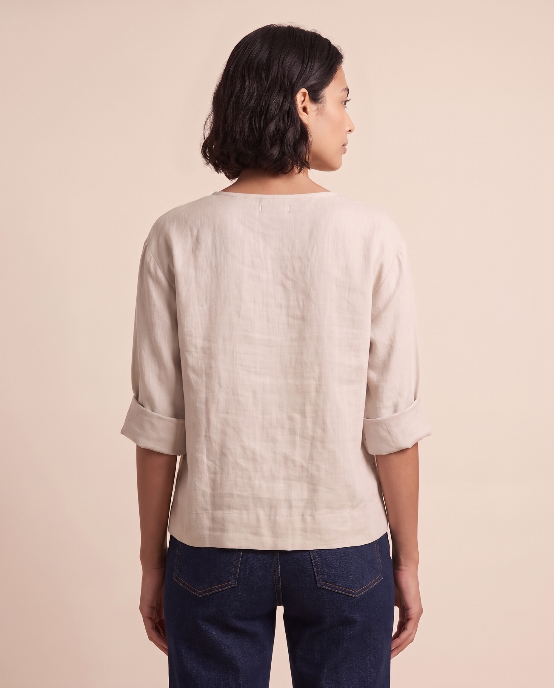 V Neck Linen Blouse with Three Quarter Sleeves — back