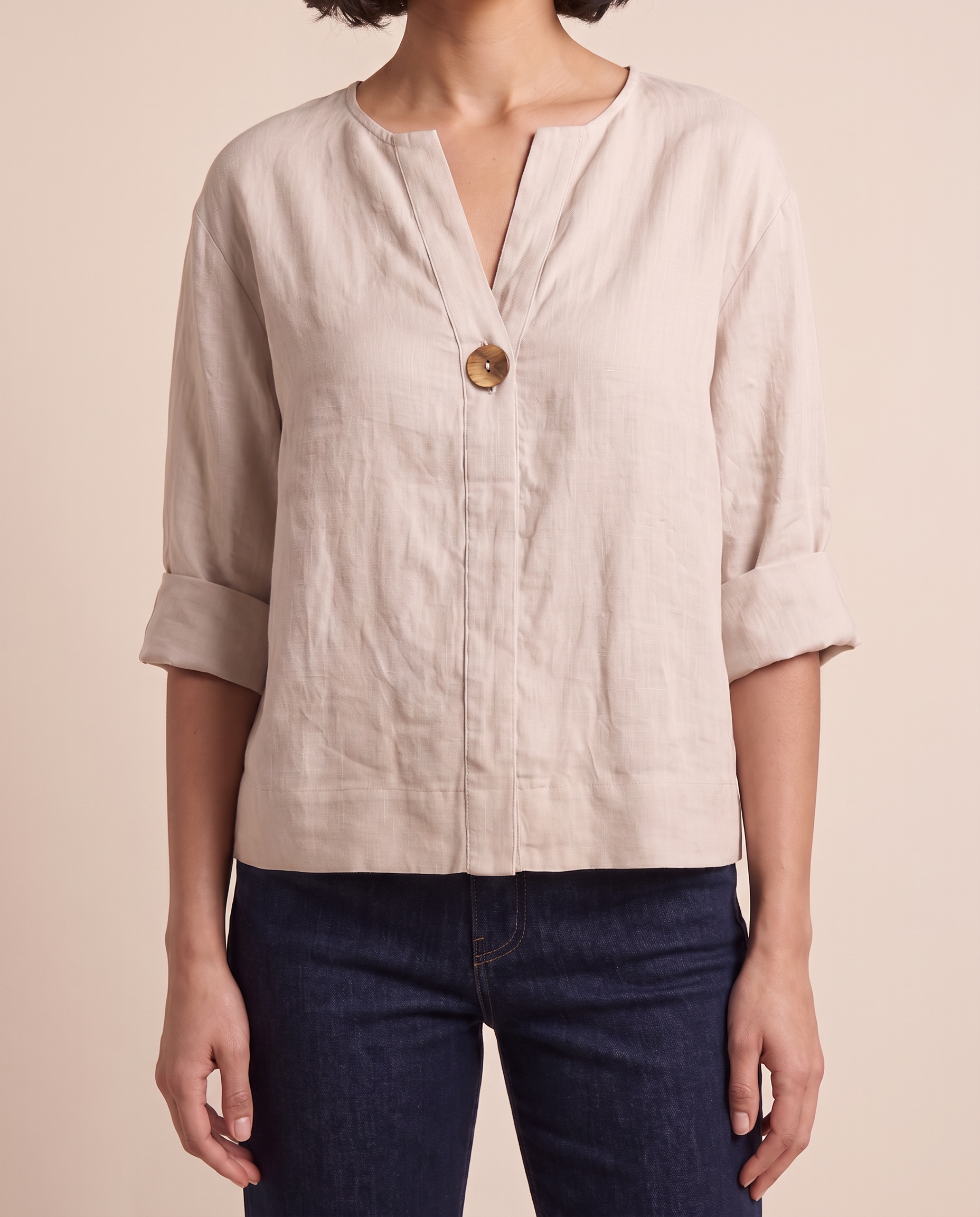 V Neck Linen Blouse with Three Quarter Sleeves — detail