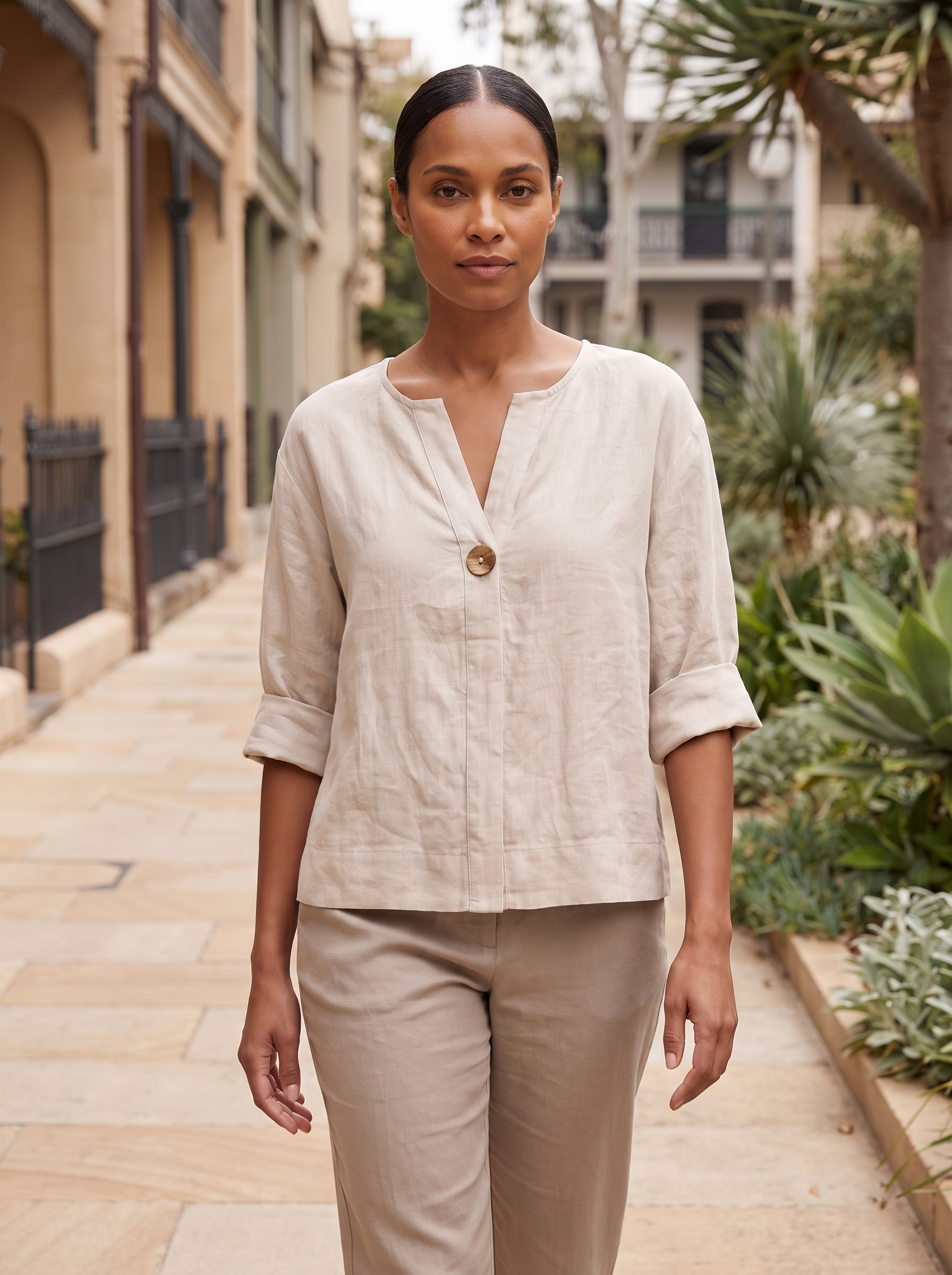 Linen Blouse with V Neck and Three Quarter Sleeves — natural full-body Australian lifestyle photograph on a refined Sydney streetscape in soft daylight