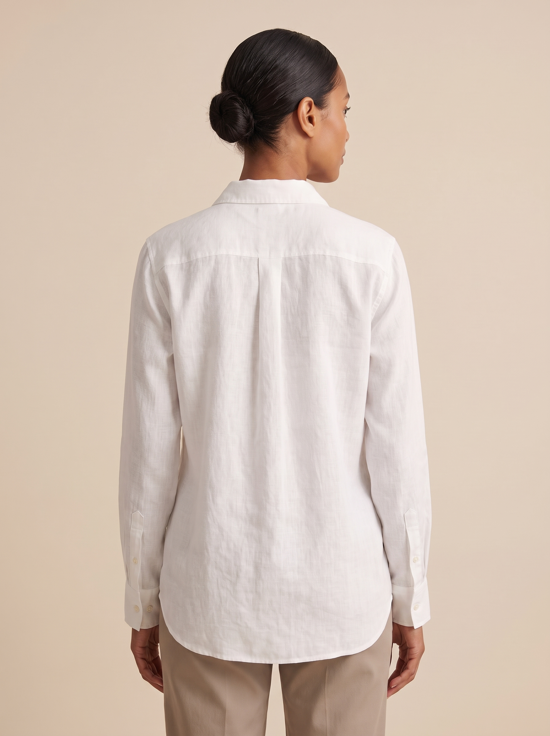 Linen Shirt with Button Front and Relaxed Fit — full-length studio back view on a warm ivory seamless background