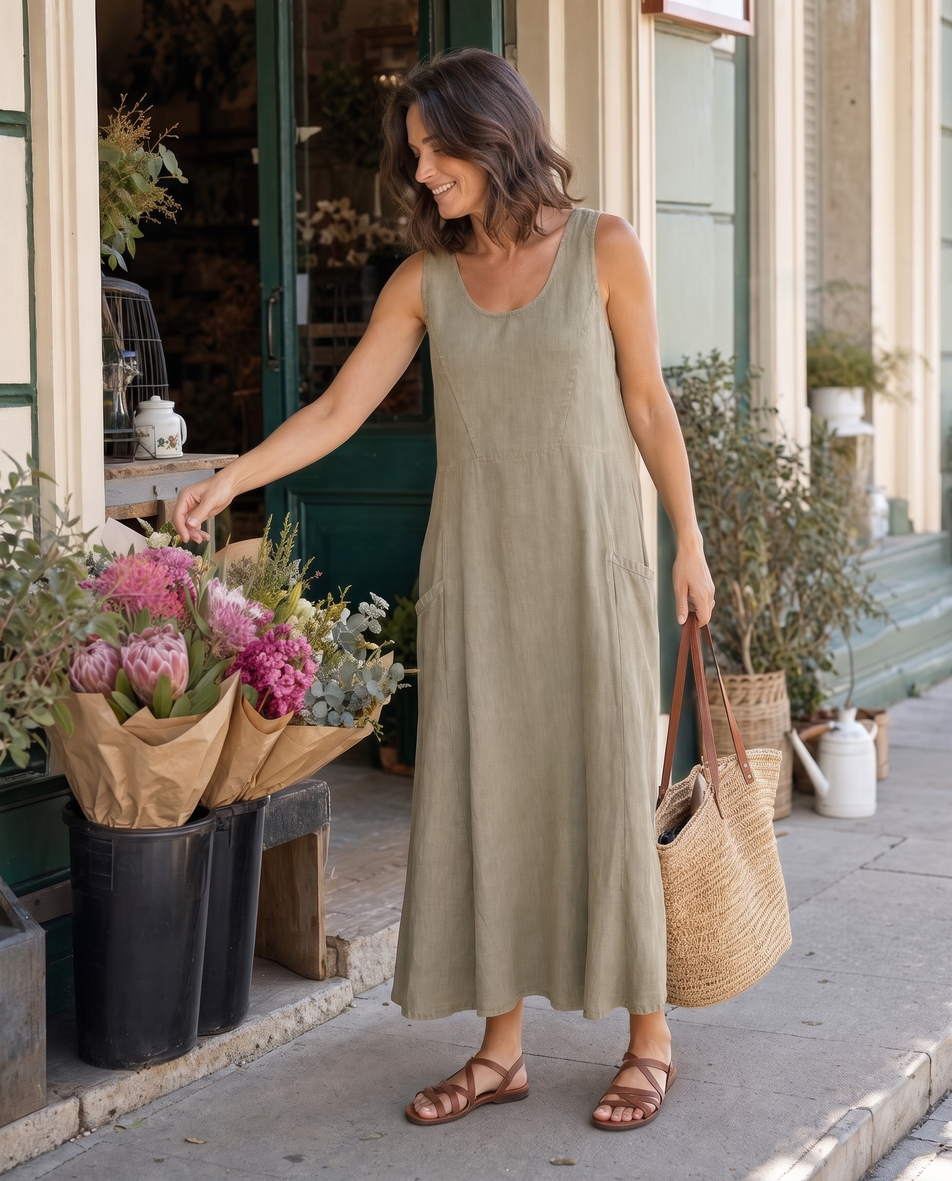 Linen Midi Dress with Side Pockets — product view