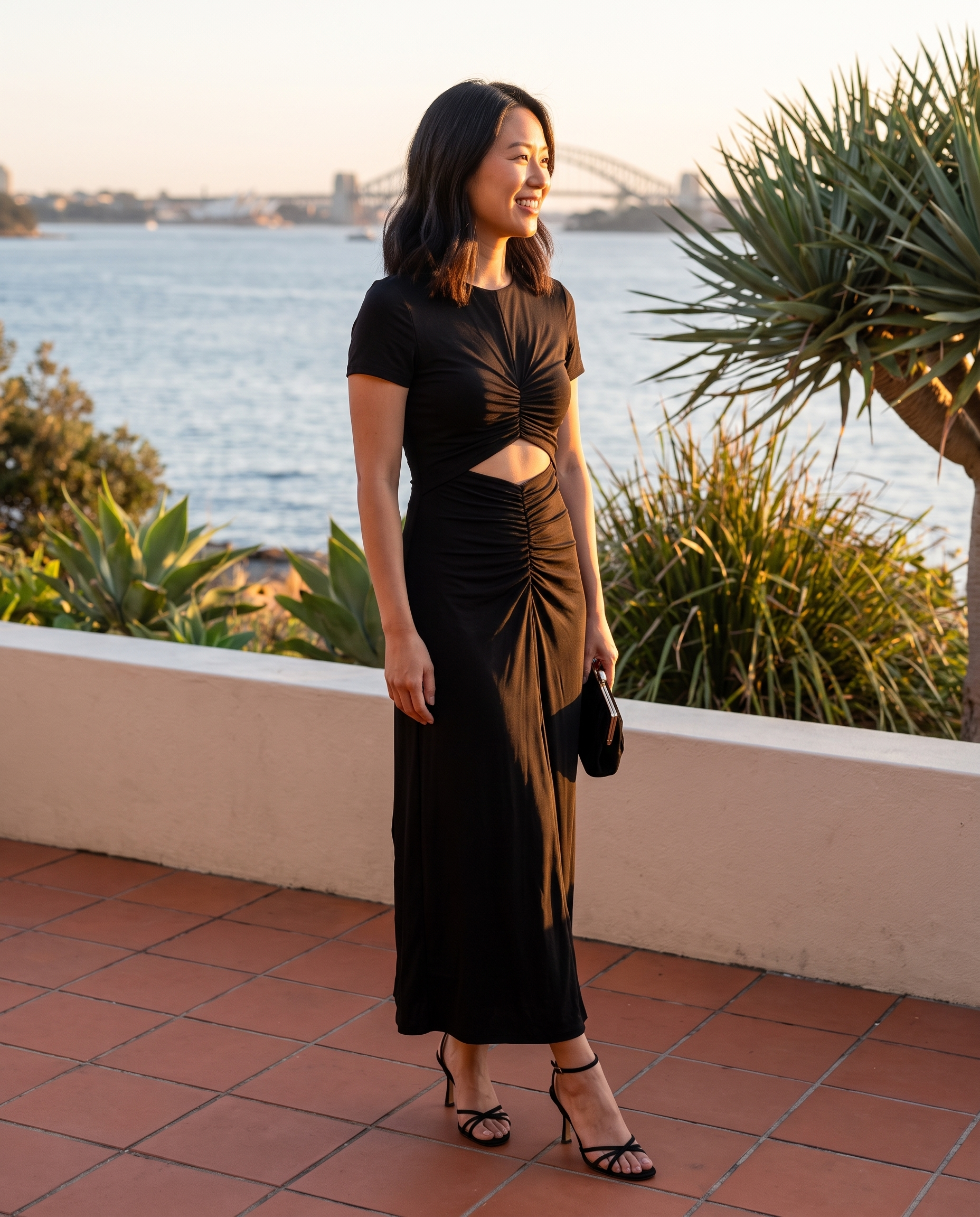 Luna Ruched Cut-Out Short-Sleeve Maxi Dress – Australian lifestyle view 2