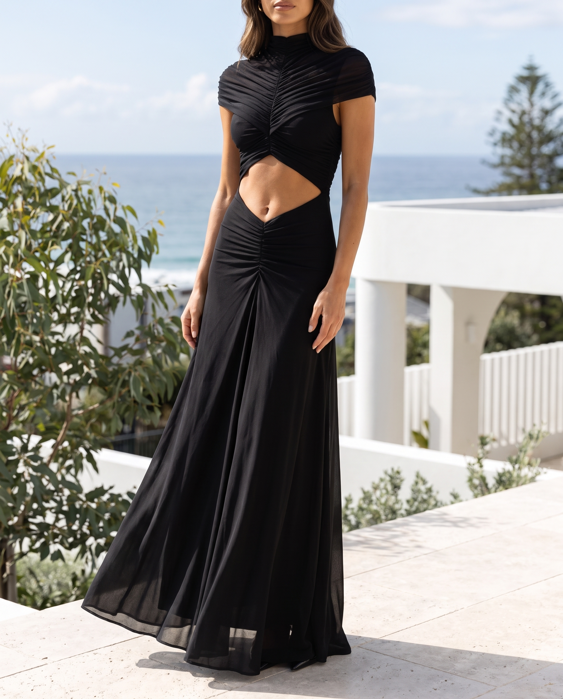 Luna Ruched Cut-Out Short-Sleeve Maxi Dress – Australian lifestyle view