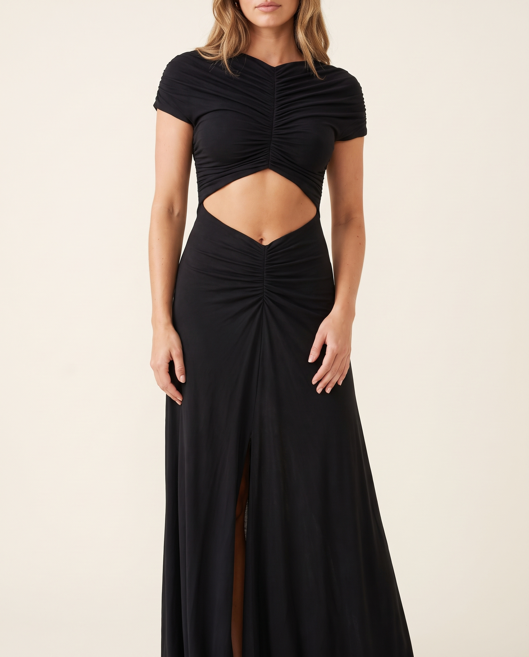Luna Ruched Cut-Out Short-Sleeve Maxi Dress – studio front view