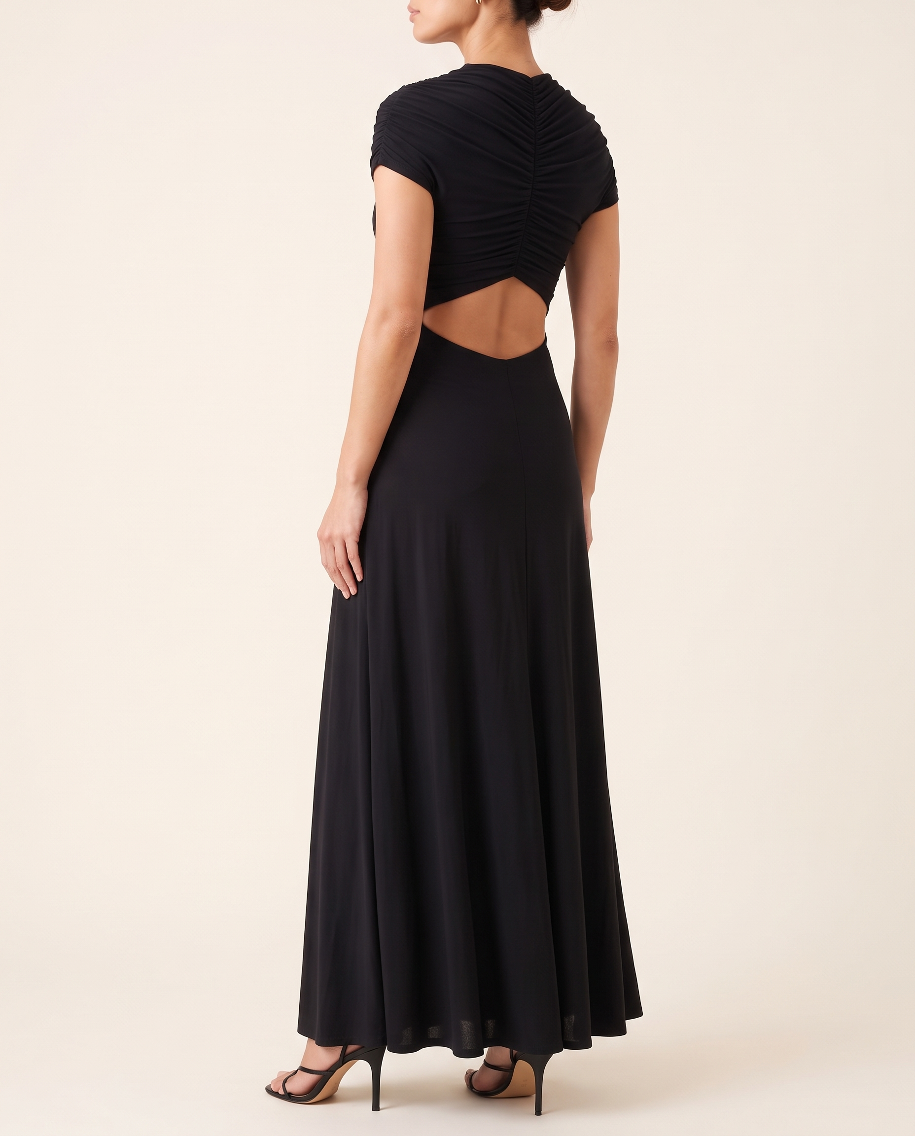 Luna Ruched Cut-Out Short-Sleeve Maxi Dress – studio back view