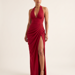 Mabel Elegant Pleated Halter Maxi Dress — red A front studio