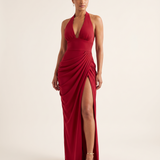 Mabel Elegant Pleated Halter Maxi Dress — red A front studio
