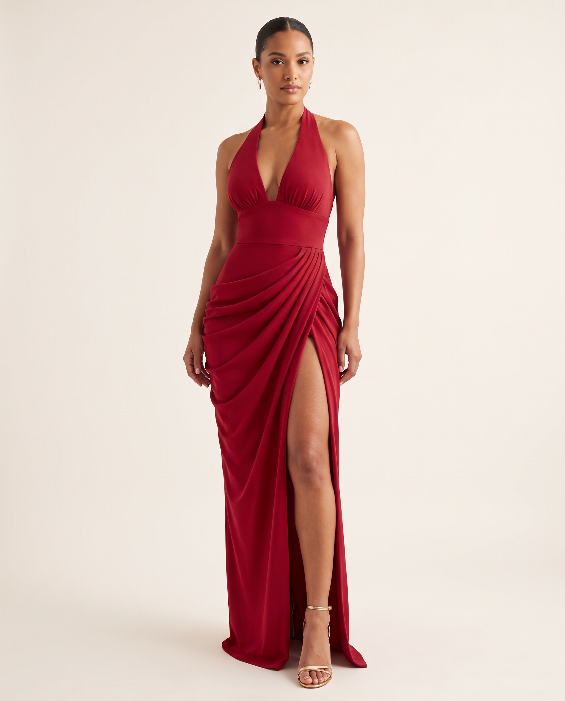 Mabel Elegant Pleated Halter Maxi Dress — red A front studio