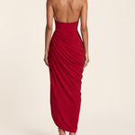 Mabel Elegant Pleated Halter Maxi Dress — red A back studio