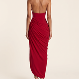 Mabel Elegant Pleated Halter Maxi Dress — red A back studio