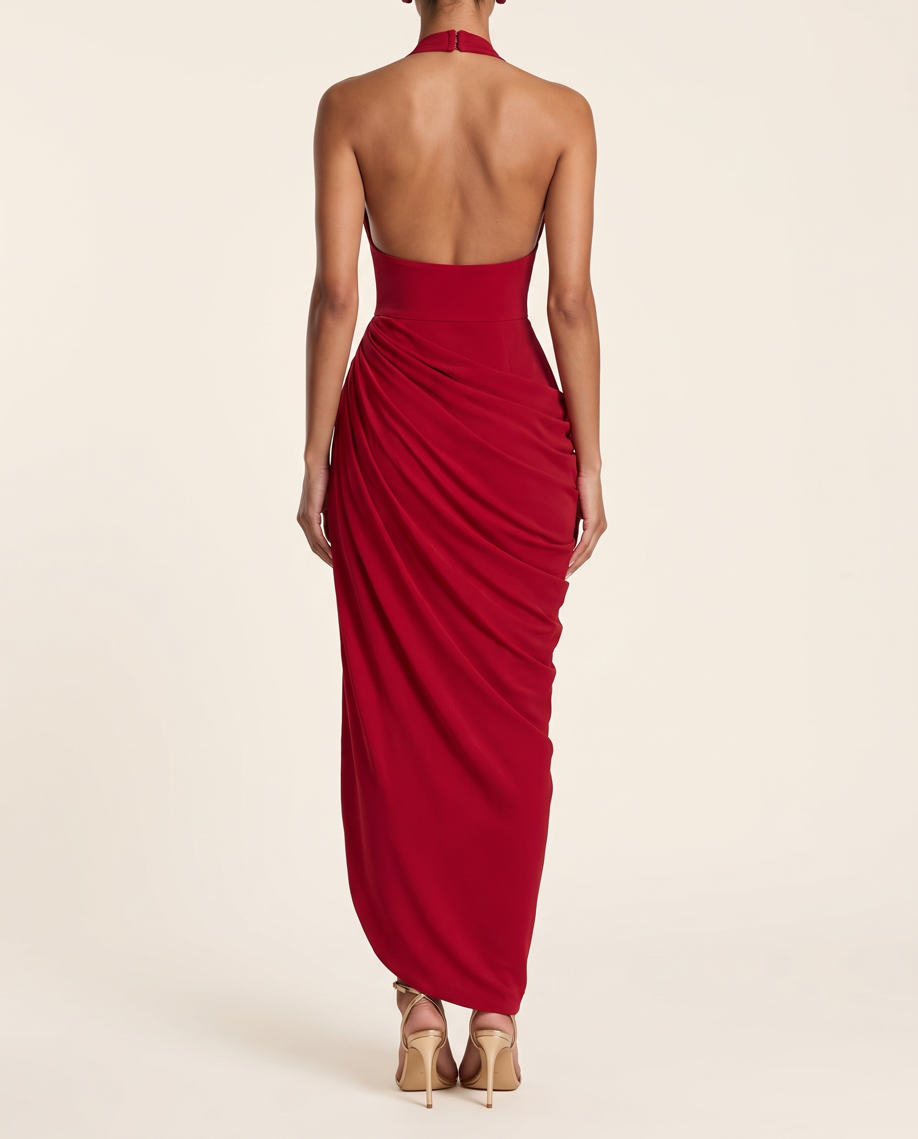 Mabel Elegant Pleated Halter Maxi Dress — red A back studio