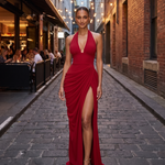 Mabel Elegant Pleated Halter Maxi Dress — red A Melbourne lifestyle