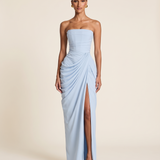 Odette Strapless Draped Slit Maxi Dress — blue studio