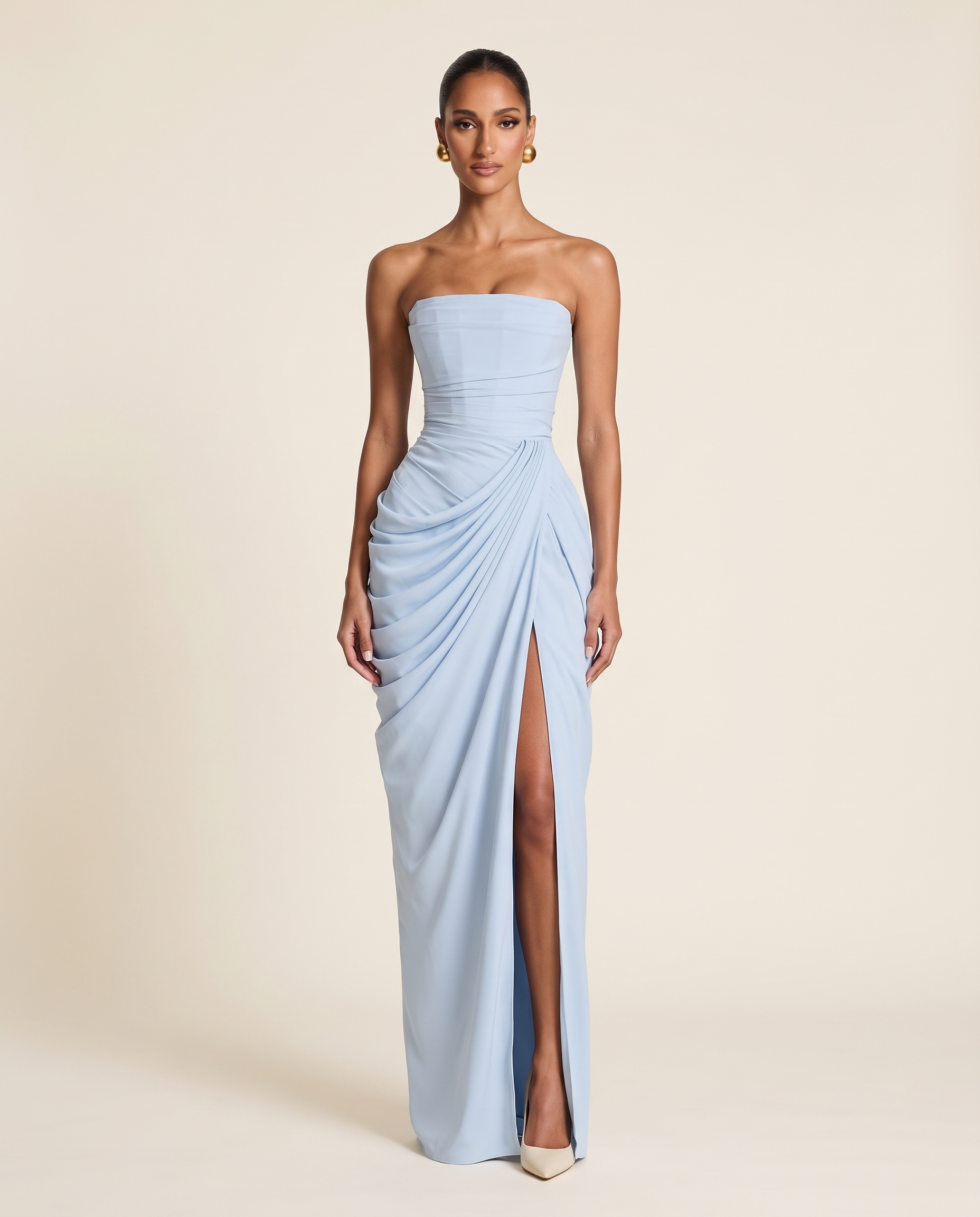 Odette Strapless Draped Slit Maxi Dress — blue studio