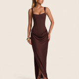 Camille Square-Neck Corset Maxi Dress — brown studio