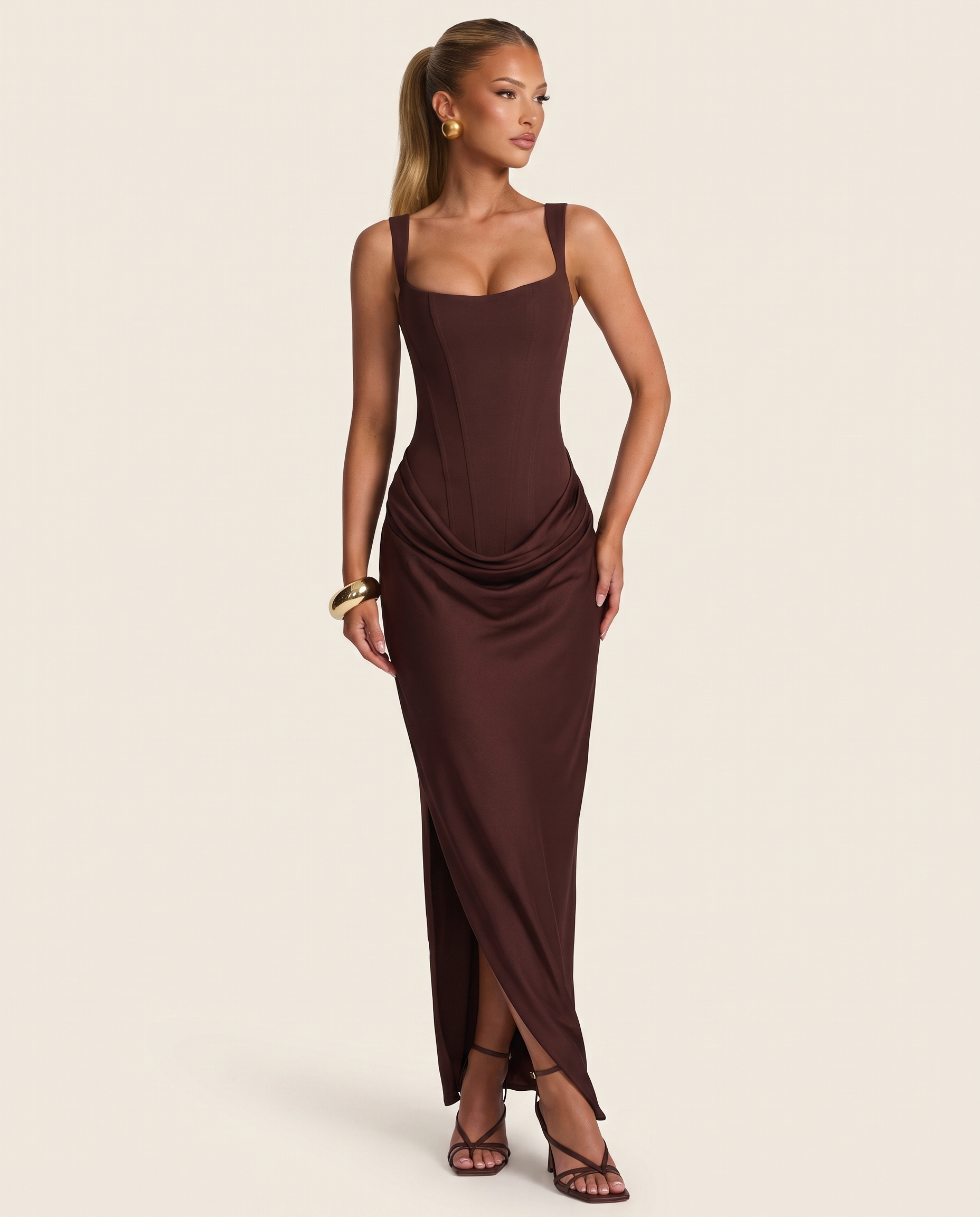 Camille Square-Neck Corset Maxi Dress — brown studio