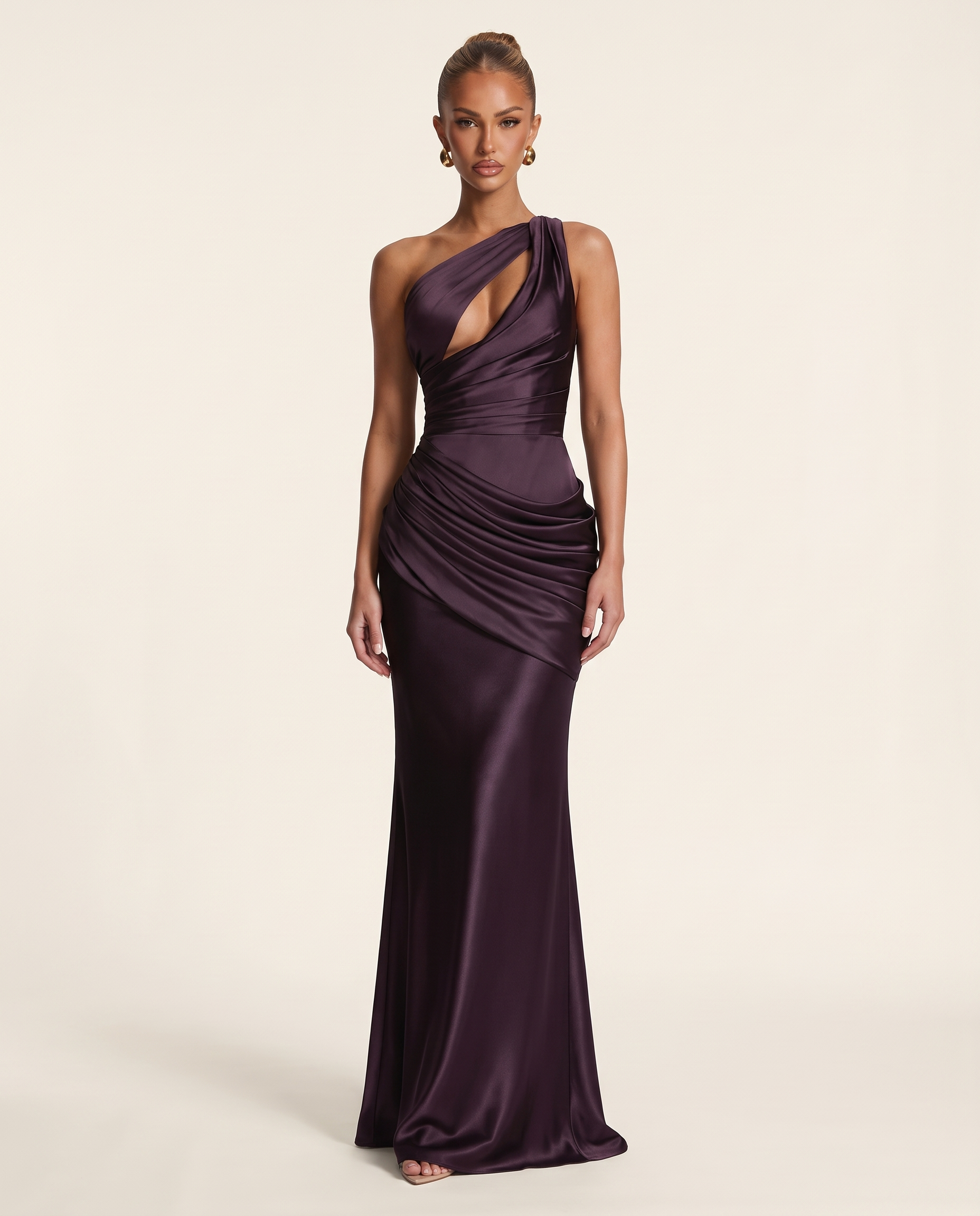 Selene One-Shoulder Cutout Satin Maxi Dress — purple studio
